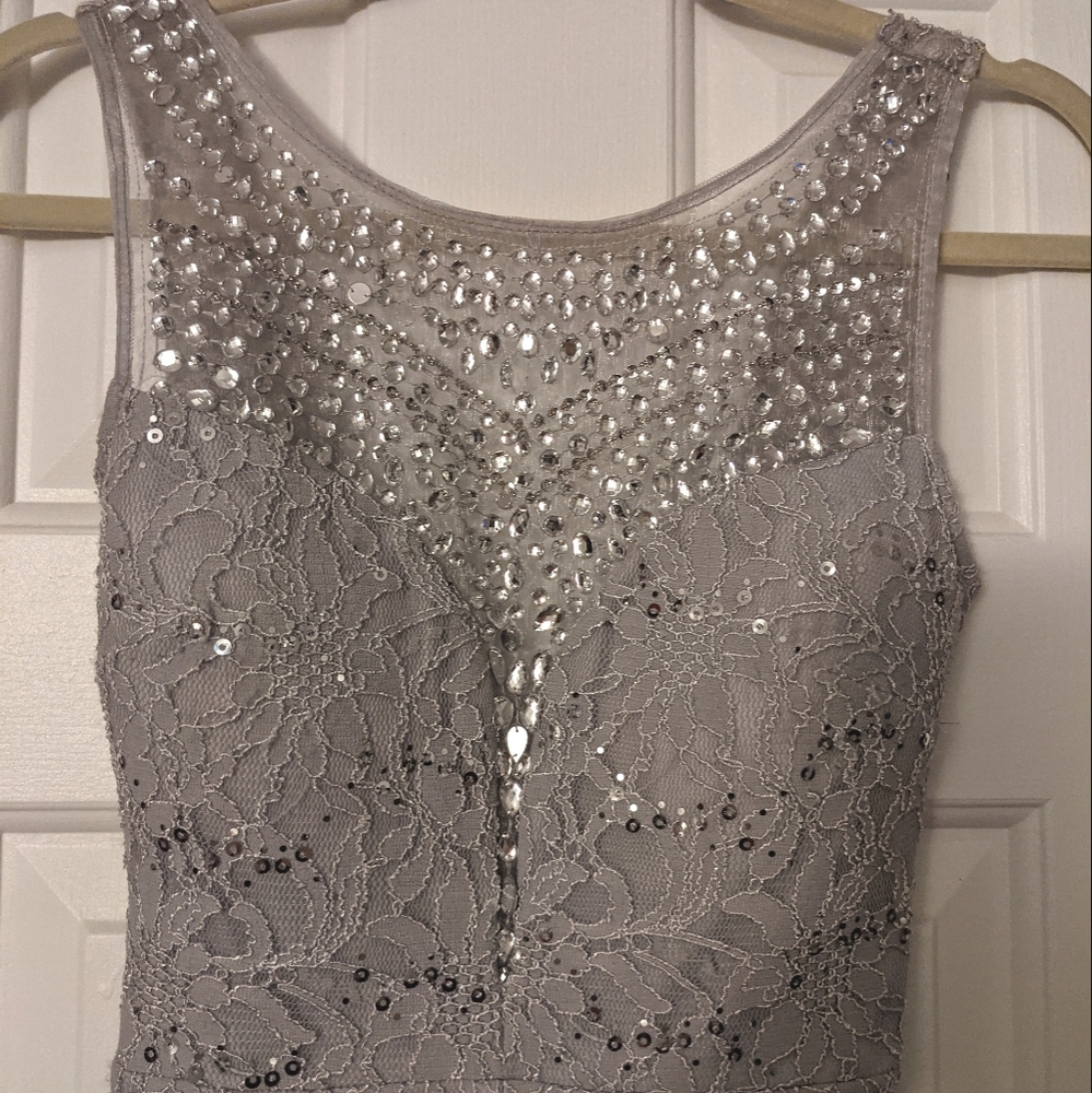 Silver grey lace evening gown